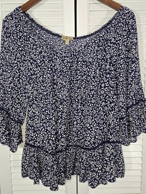 Democracy Navy White Floral Boho Off The Shoulder 3/4 Flutter Peplum Top Sz L